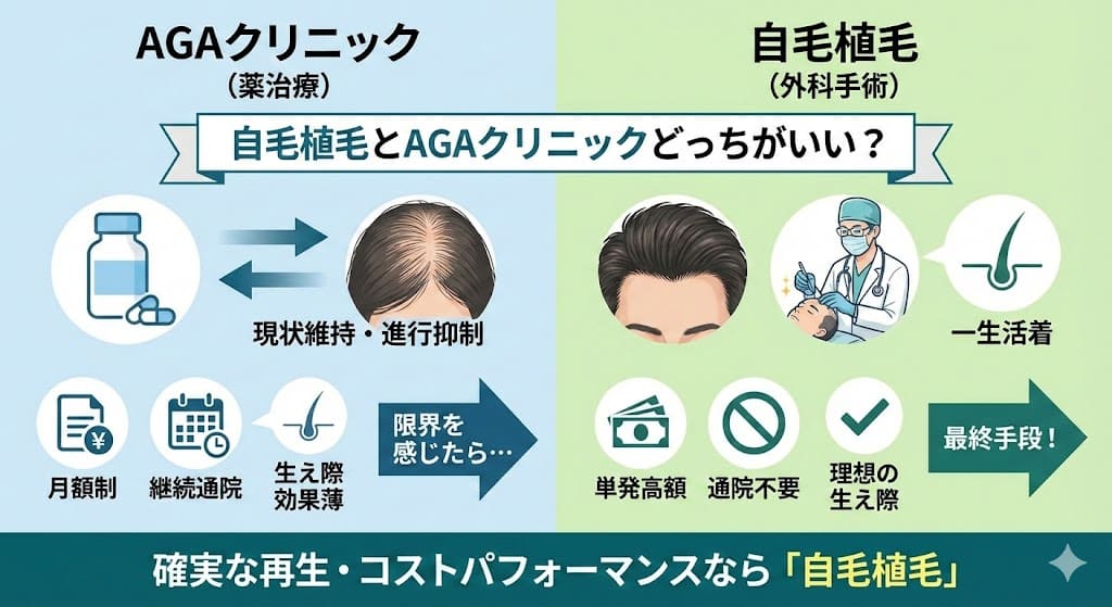 自毛植毛とAGAクリニックどっちがいい？薬で髪の毛が増えない人の最終手段！