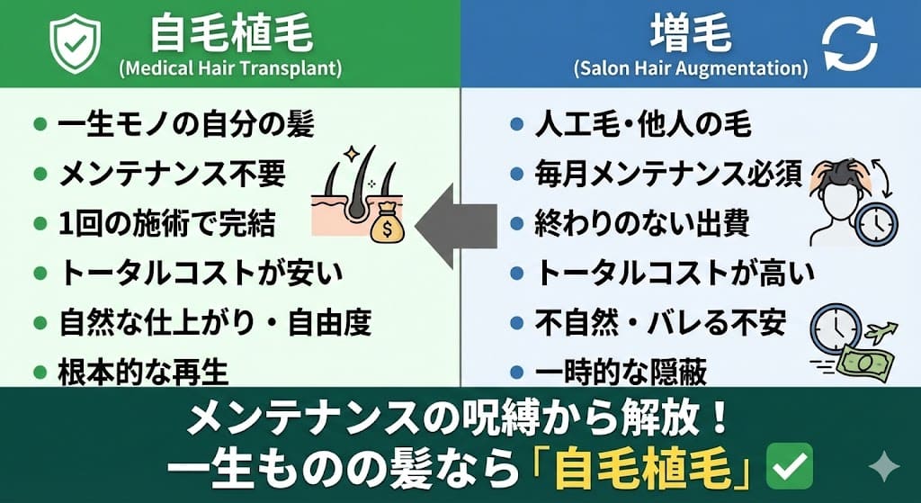 自毛植毛と増毛どっちがいい？増毛の高額なメンテナンス費から解放される最終手段