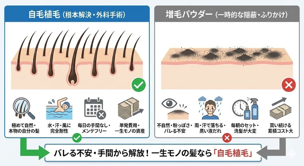自毛植毛と増毛パウダーどっちがいい？バレる不安と毎朝の手間を卒業する方法