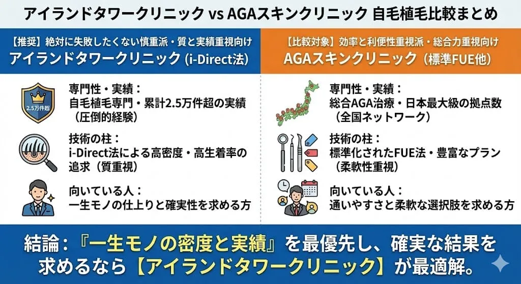 アイランドタワークリニックとAGAスキンクリニックの自毛植毛はどっちがいい？違いは？徹底比較と失敗しない自毛植毛の選び方