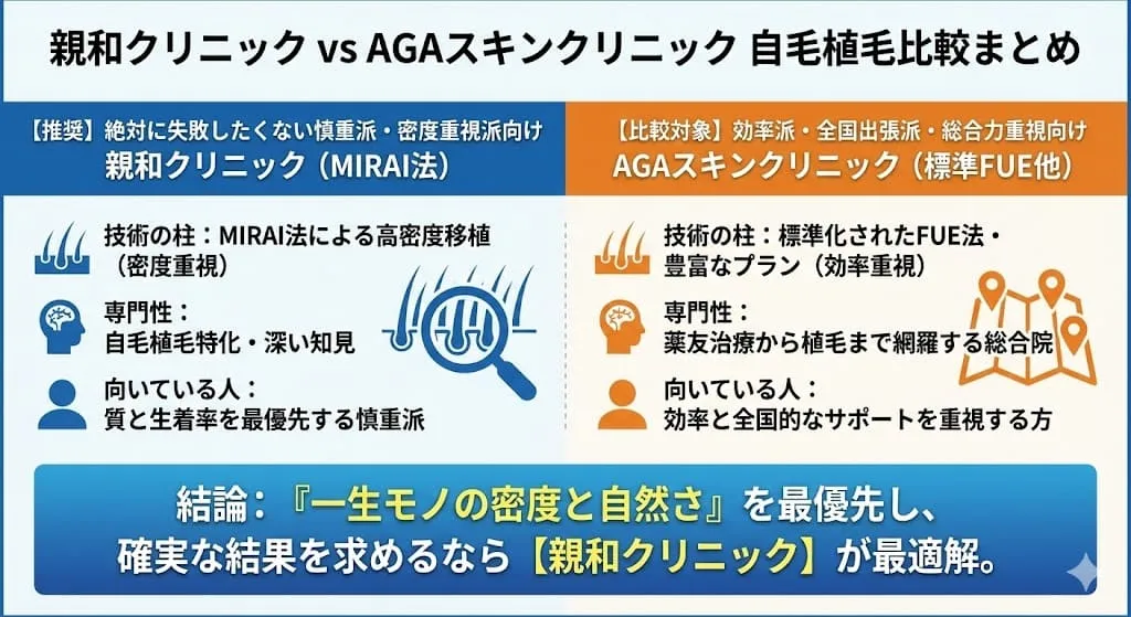 親和クリニックとAGAスキンクリニックの自毛植毛はどっちがいい？違いは？徹底比較と失敗しない自毛植毛の選び方